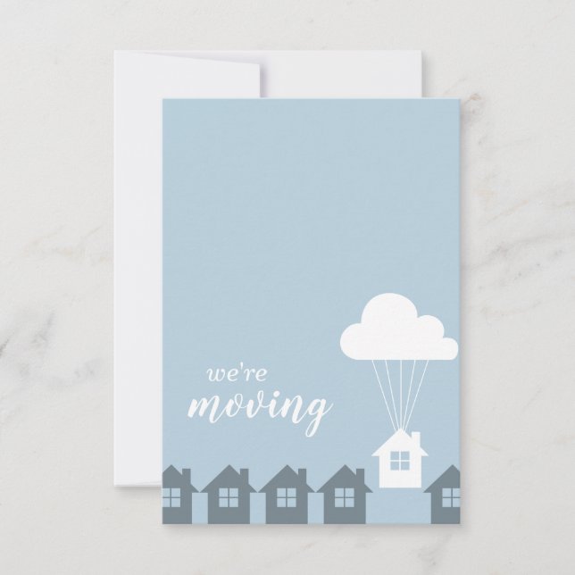 Blue and Gray We're Moving Flying House Invitation (Front)