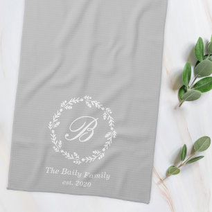 Blue and Gray Winter Wreath Family Name Monogram Kitchen Towel