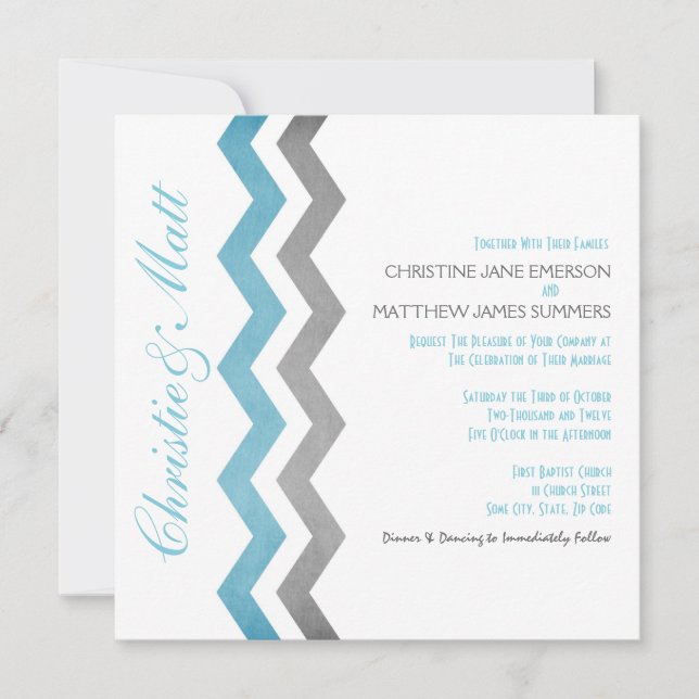 Blue and Gray Zig Zag Wedding Invitations (Front)
