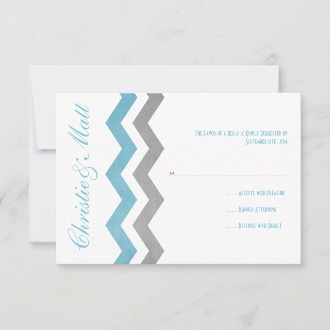 Blue and Gray Zig Zag Wedding RSVP Card (Front)