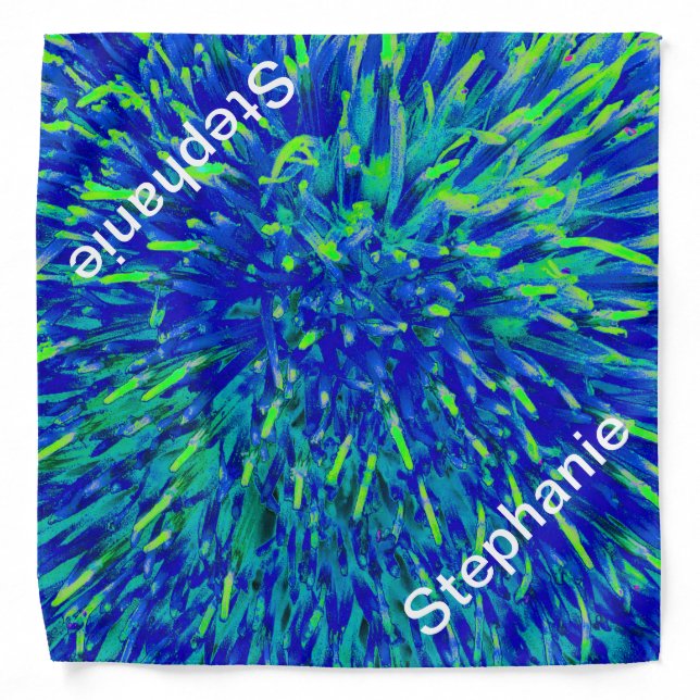 Blue and Green Abstract Floral Personalized Name Bandana (Front)