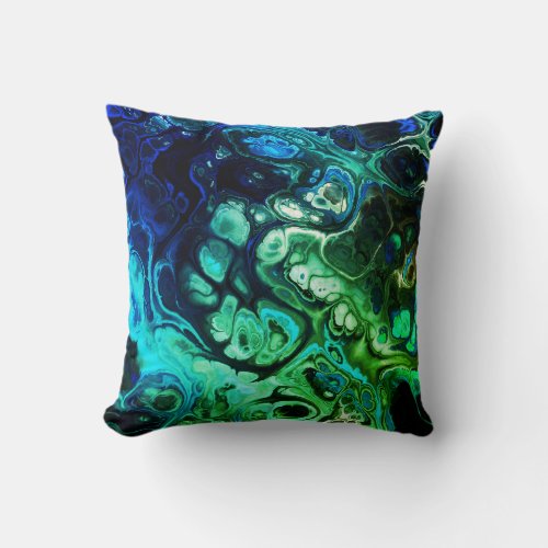 Blue and green abstract tie dye marble throw pillow