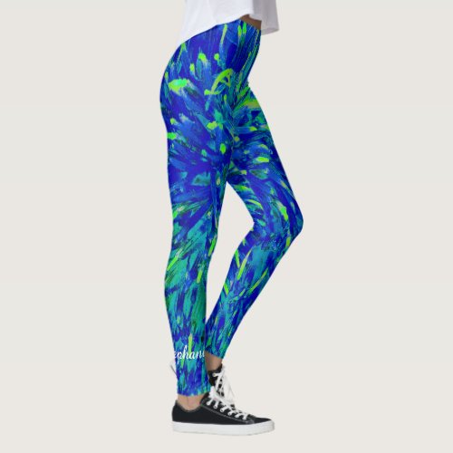 Blue and Green Abstract with Personalized Name Leggings