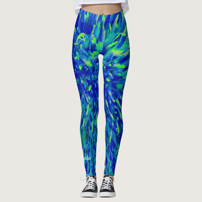 Blue and Green Abstract with Personalized Name Leggings (Front)