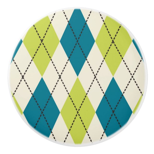 Blue And Green Argyle Ceramic Knob (Front)