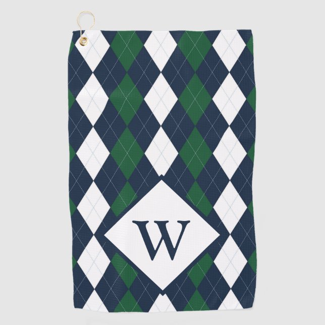 Blue and Green Argyle Monogrammed Golf Towel (Front)