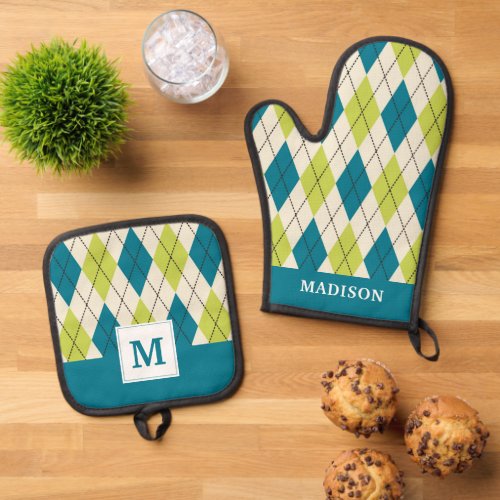 Blue And Green Argyle Oven Mitt  Pot Holder Set