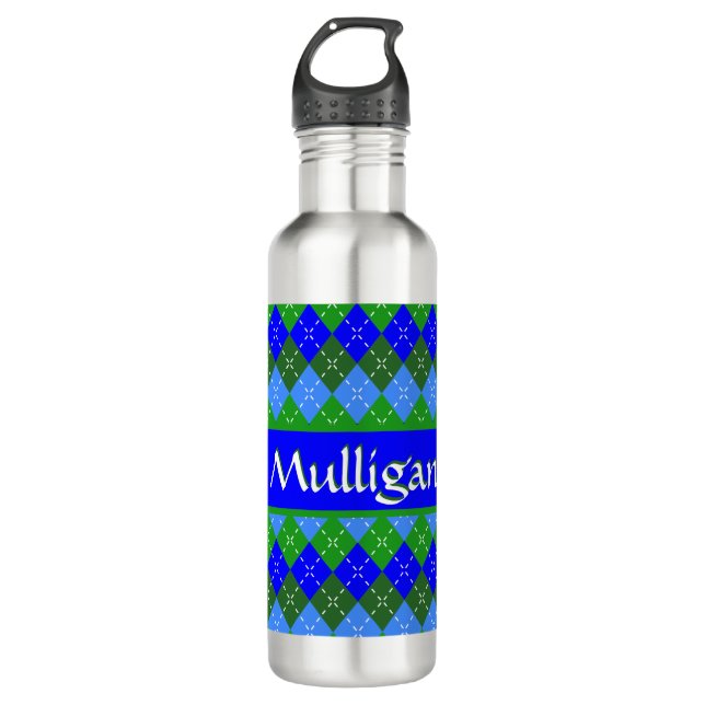 Blue and Green Argyle Preppy Personalized Stainless Steel Water Bottle (Front)