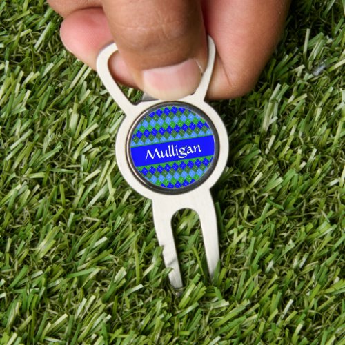 Blue and Green Argyle White Stitching Personalized Divot Tool