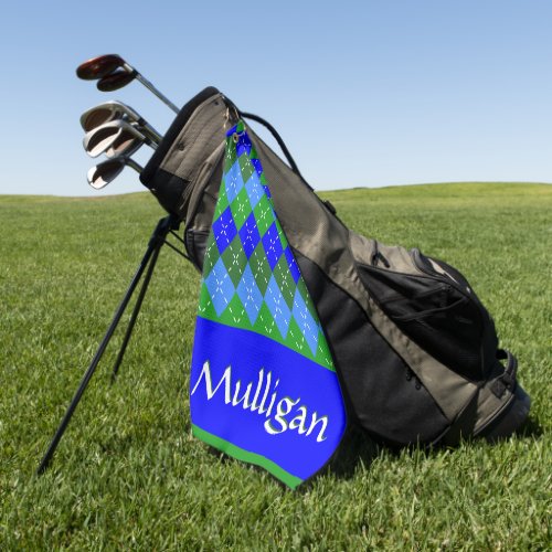 Blue and Green Argyle White Stitching Personalized Golf Towel
