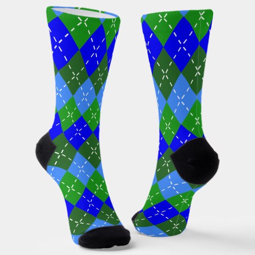 Blue and Green Argyle with White Stitching Socks