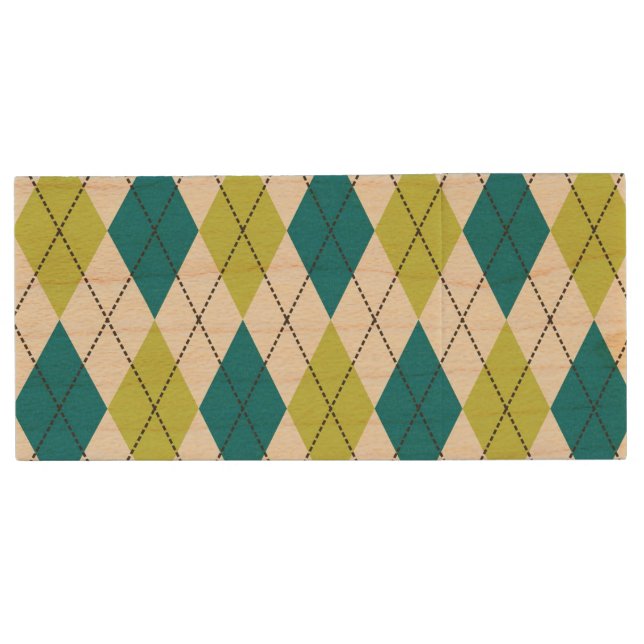 Blue And Green Argyle Wood Flash Drive (Front)