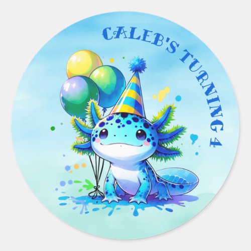 Blue and Green Axolotl Boys Birthday Party Classic Round Sticker