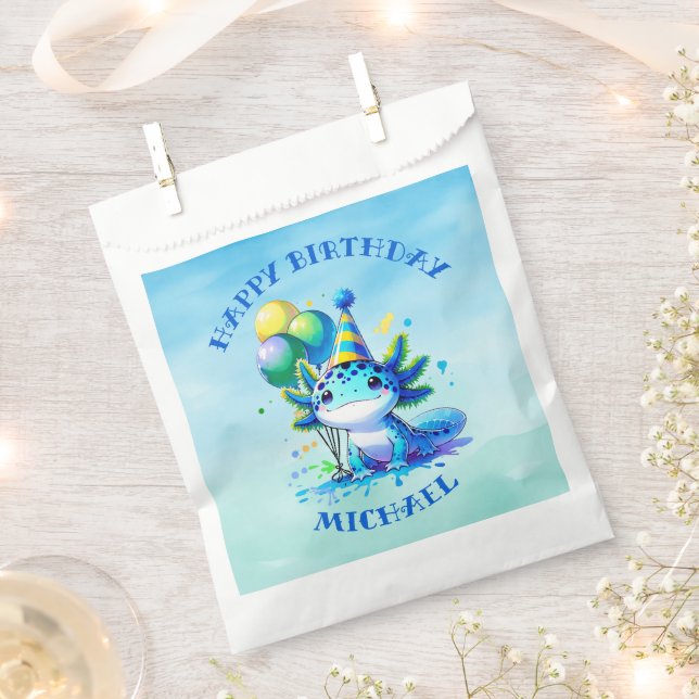 Blue and Green Axolotl Boy's Birthday Party Favor Bag (Clipped)