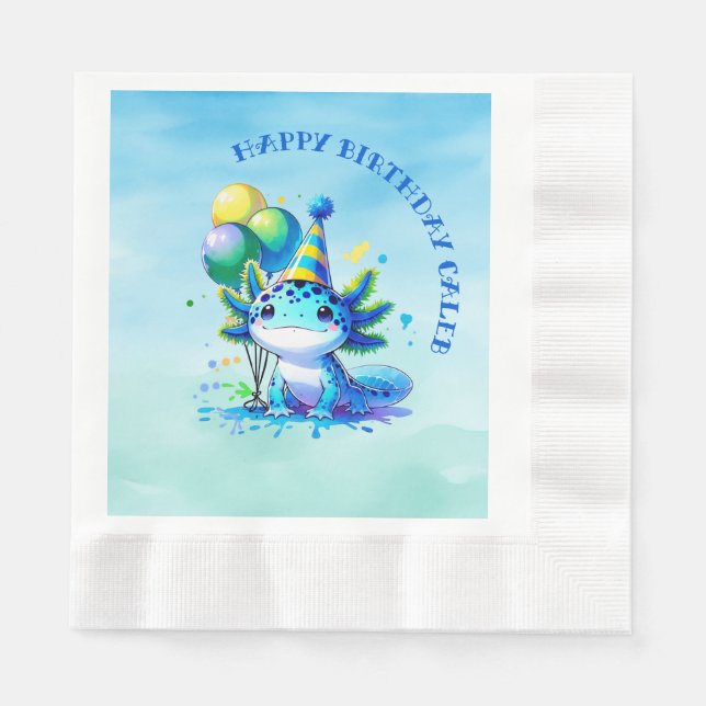 Blue and Green Axolotl Boy's Birthday Party Napkins (Front)