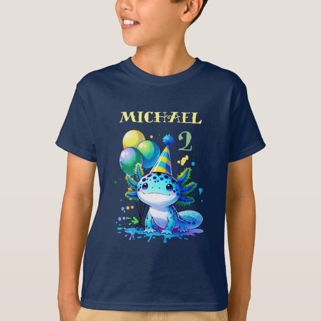 Blue and Green Axolotl Boy's Birthday Party T-Shirt (Front)
