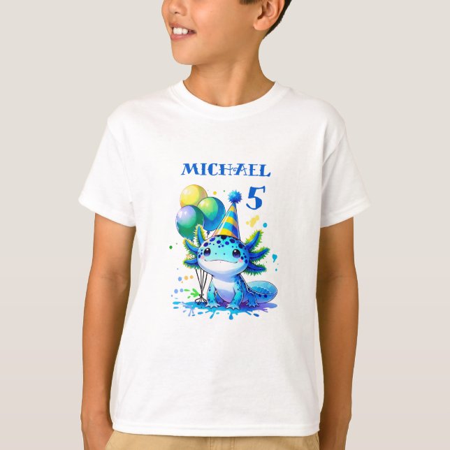 Blue and Green Axolotl Boy's Birthday Party T-Shirt (Front)