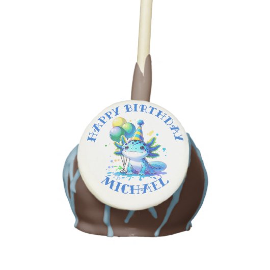 Blue and Green Axolotl Boy's Birthday Personalized Cake Pops (Front)