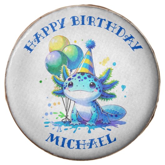 Blue and Green Axolotl Boy's Birthday Personalized Chocolate Covered Oreo (Front)