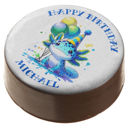 Blue and Green Axolotl Boy's Birthday Personalized Chocolate Covered Oreo (Angled)