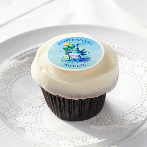 Blue and Green Axolotl Boys Birthday Personalized Edible Frosting Rounds