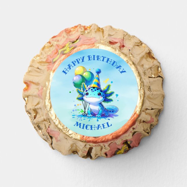 Blue and Green Axolotl Boy's Birthday Personalized Reese's Peanut Butter Cups (Front)