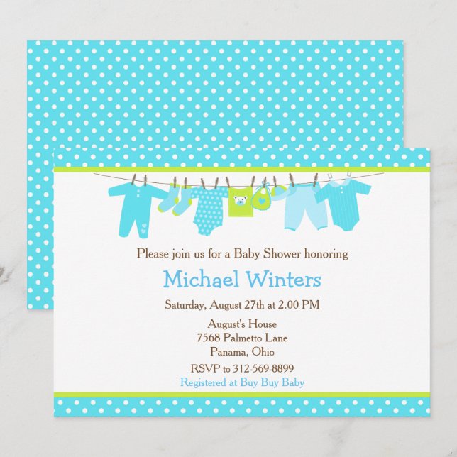 Blue and Green Baby Line Baby Shower Invitation (Front/Back)