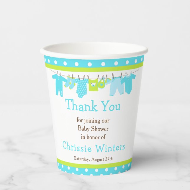 Blue and Green Baby Line Baby Shower Paper Cups (Front)