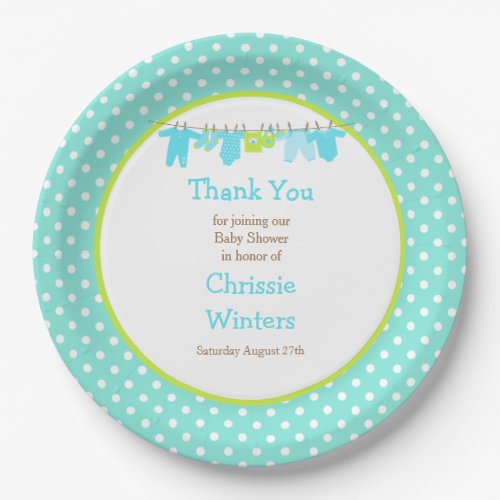 Blue and Green Baby Line Baby Shower Paper Plates