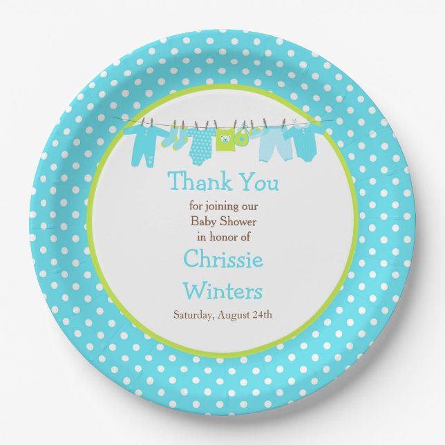 Blue and Green Baby Line Baby Shower Paper Plates (Front)