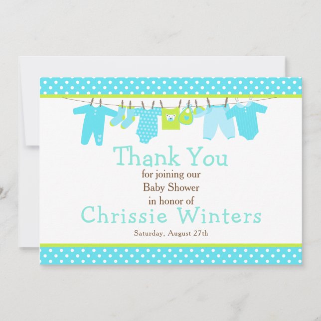 Blue and Green Baby Line Baby Shower Thank You Card (Front)