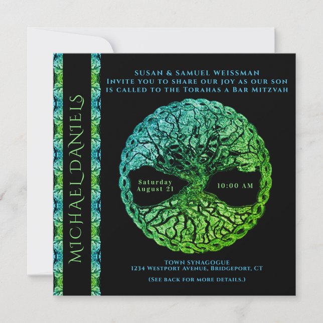 Blue and Green Bar Mitzvah Tree of Life Invitation (Front)