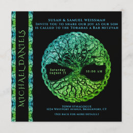 Blue and Green Bar Mitzvah Tree of Life Invitation