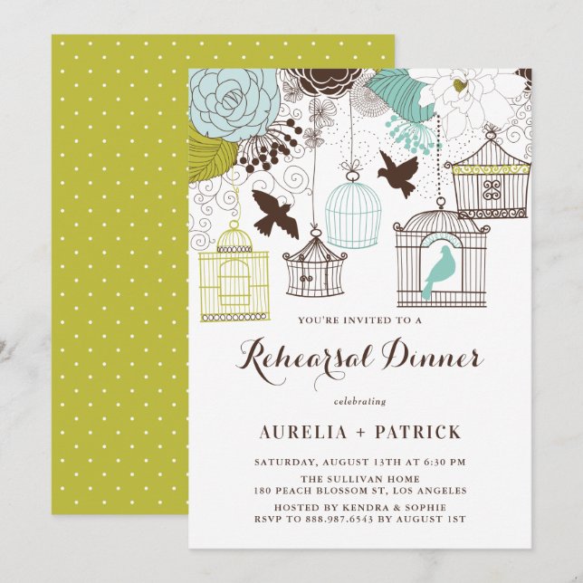 Blue and Green Birdcages Rehearsal Dinner Invitation (Front/Back)