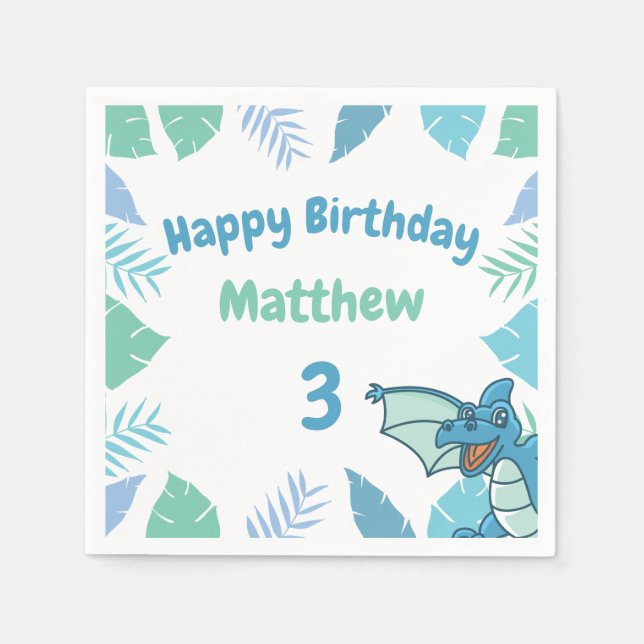 Blue and Green Birthday Dinosaur Dragon Napkins (Front)