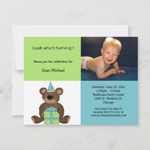 Blue And Green Birthday Teddy Bear Invitation