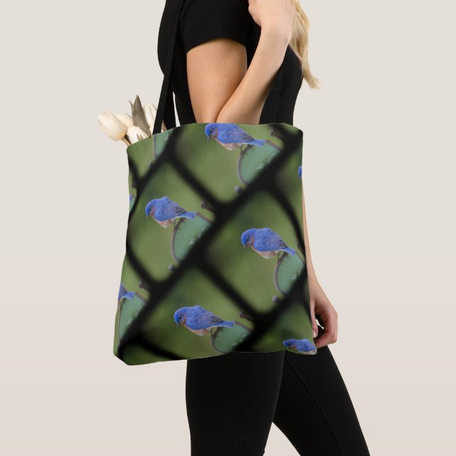Blue and Green Bluebird Tote for Birdlovers (Close Up)