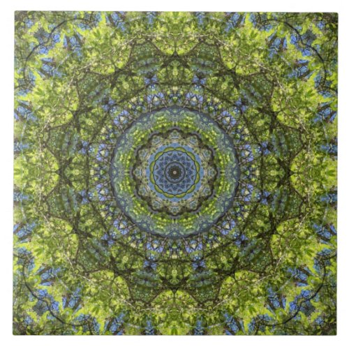 Blue and Green Boho Tree Mandala Kaleidoscope Ceramic Tile