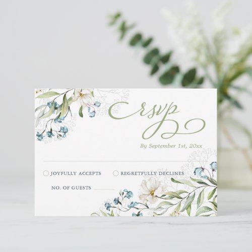 Blue and Green botanical classic wedding RSVP Card