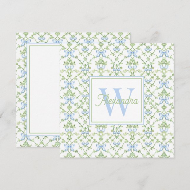 Blue and Green Bows and Vines Lattice Note Card (Front/Back)