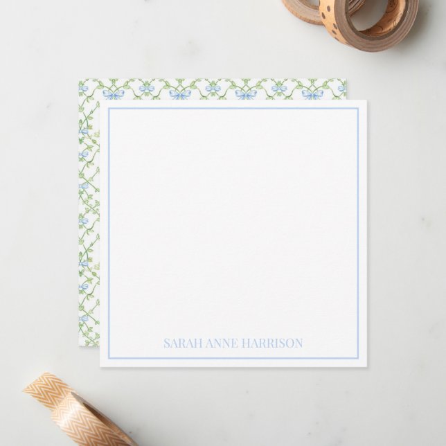 Blue and Green Bows and Vines Lattice Note Card (Front/Back In Situ)