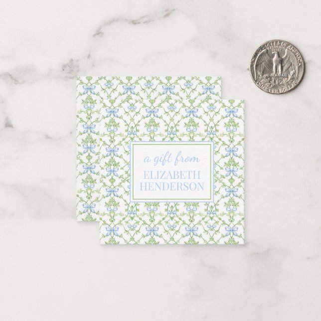 Blue and Green Bows and Vines Lattice Note Card (Front/Back In Situ)