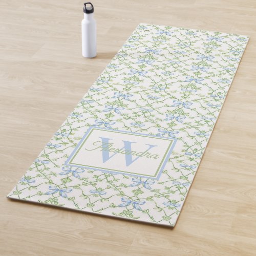 Blue and Green Bows and Vines Lattice Yoga Mat