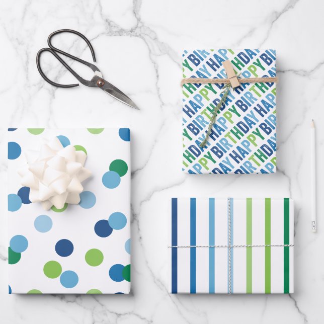 Blue and Green Boys Birthday Wrapping Paper Sheets (Front)