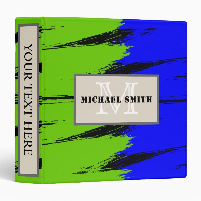 Blue and Green Brush Stroke Monogram 3 Ring Binder (Front/Spine)