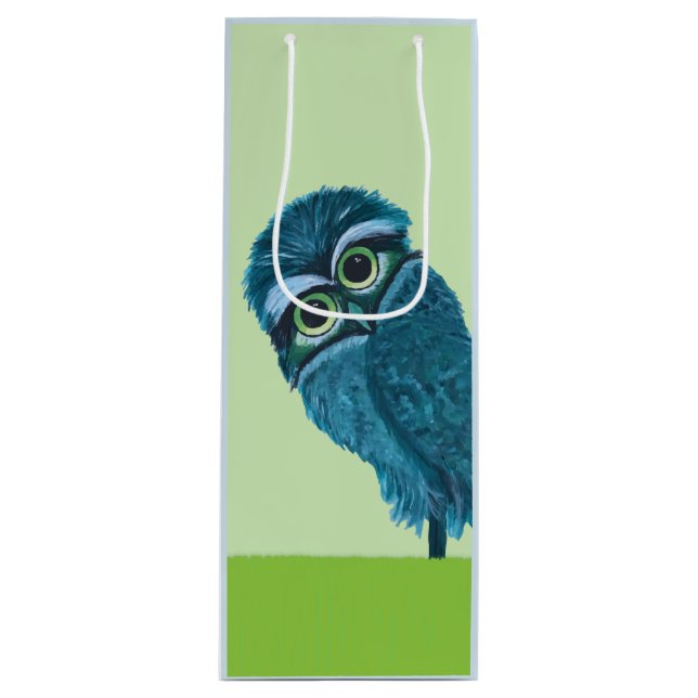 Blue and Green Burrowing Owl Decor Wine Gift Bag (Front)