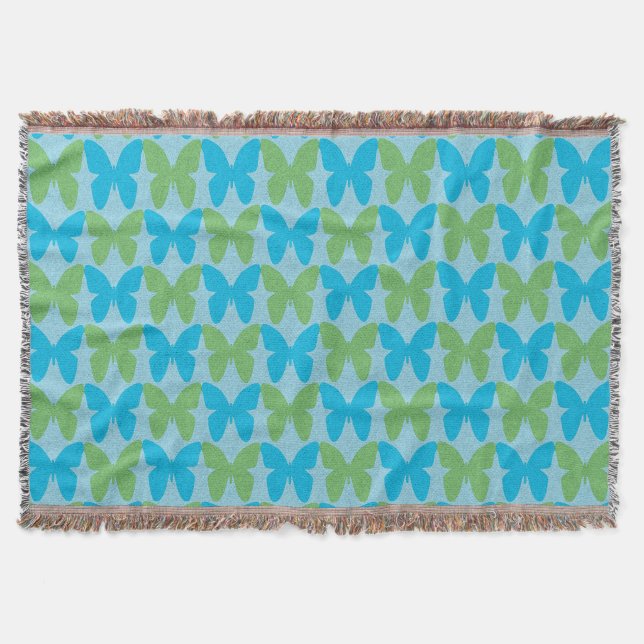 Blue and green butterfly pattern throw blanket (Front)