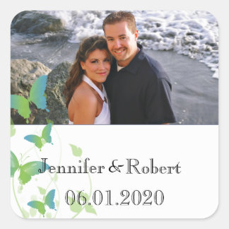 Blue and Green Butterfly Vine Wedding Square Sticker