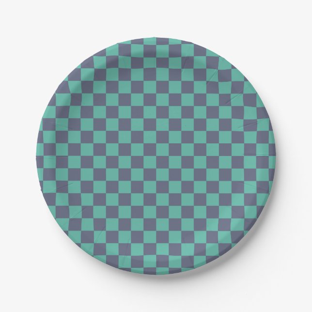 Blue and Green Checkerboard Paper Plates (Front)