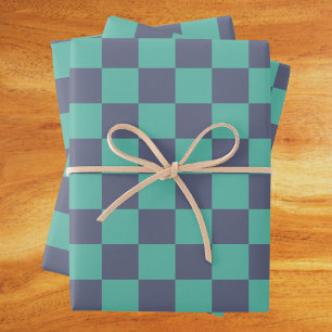 Blue and Green Checkerboard Wrapping Paper Sheets